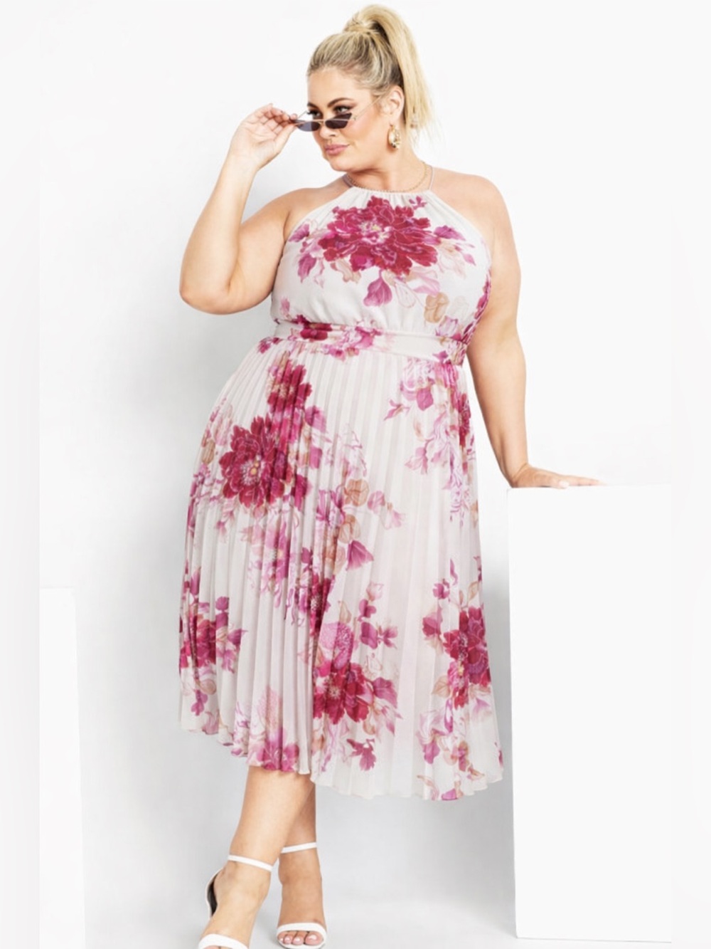 City Chic Pink Floral Halter Pleated Midi Dress